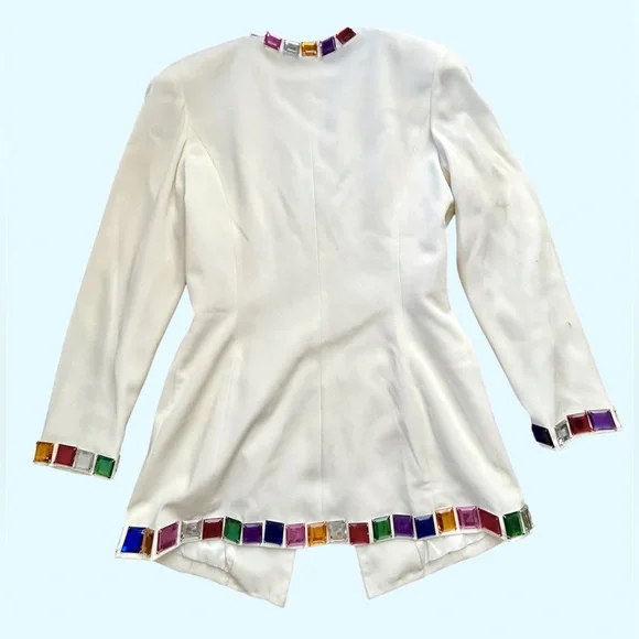 Vtg 80s NiteLine White Dress & Blazer 2 Pc Set Candyland Jewels Colorful Sz 8